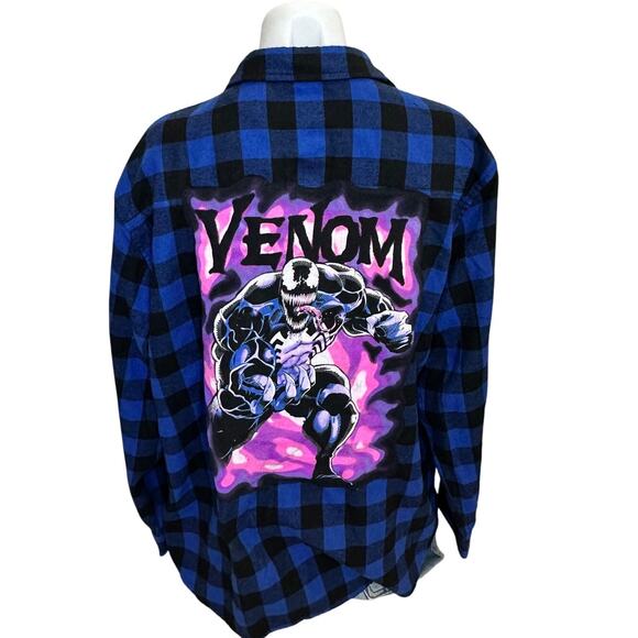 Venom Plaid Flannel Shirt XL Oversize Shacket Upcycle Unique Marvel Comic Purple - Picture 1 of 6
